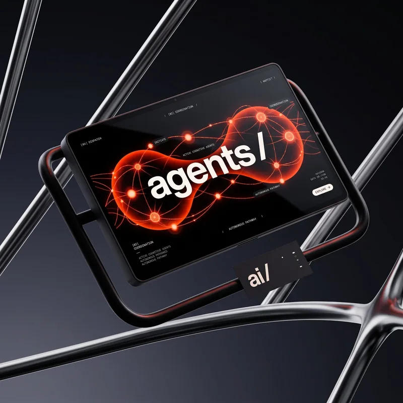 A black tablet in a dark frame among polished chrome rods, its screen reading “agents /” over a glowing red network.